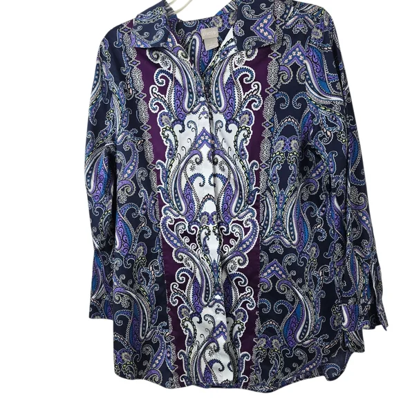 Chico's Purple Paisley No Iron Cotton Hidden Buttons Tunic Boho Chic Preppy M - Picture 2 of 11